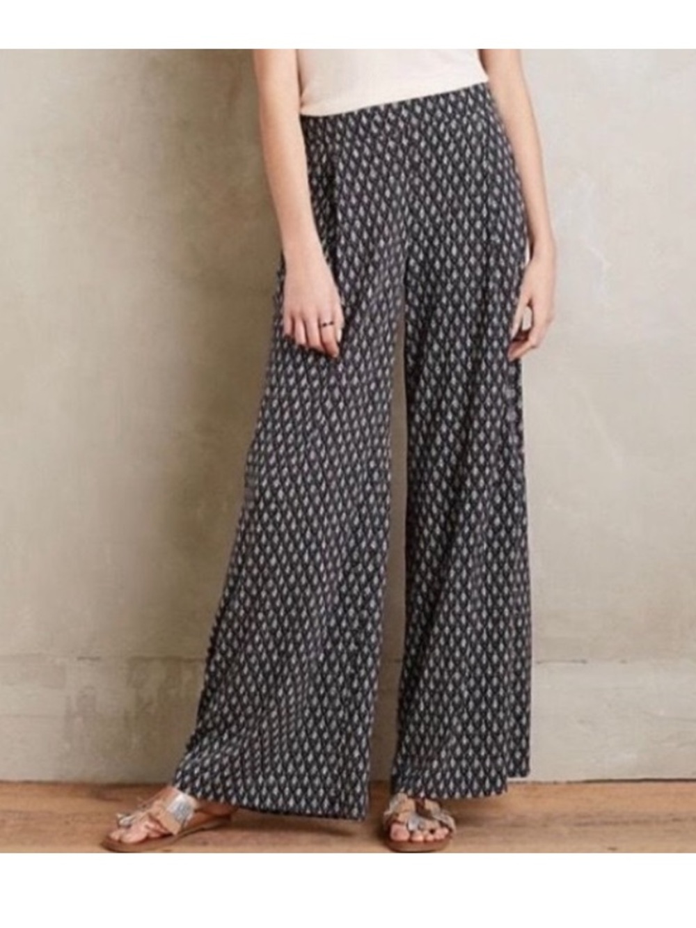 Elevenses Anthropologie Pants Womens Medium Navy Geo Wide Leg Palazzo Kaimana